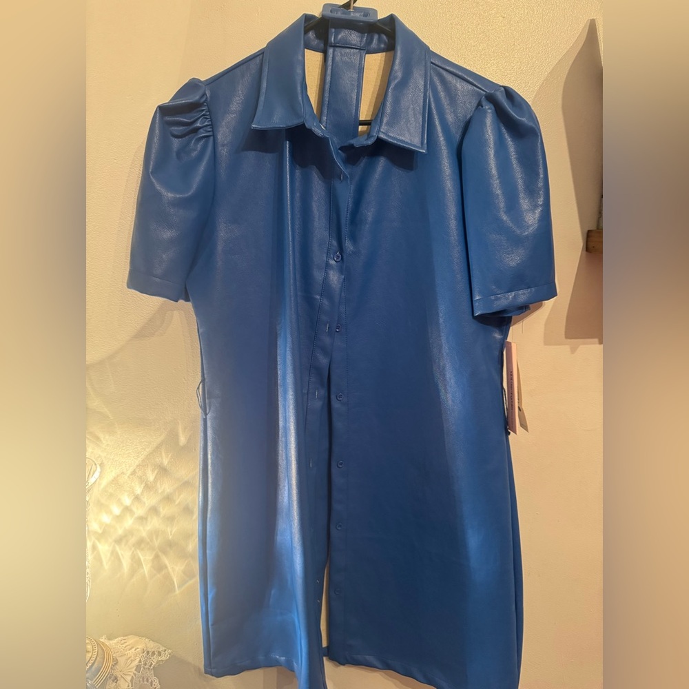 Blue Belted Shirt Dress Size Large - Picture 2 of 3